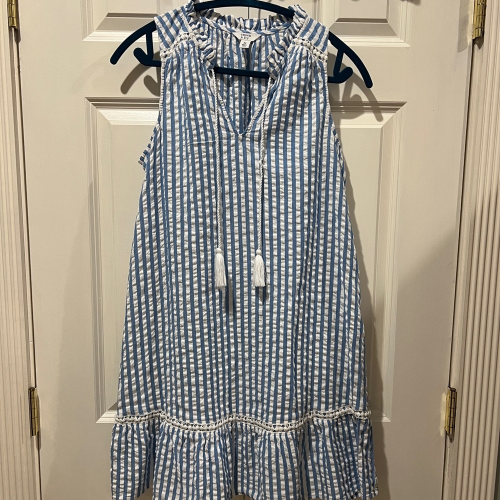 Crown & Ivy Blue Stripe Seersucker Dress Medium 100% Cotton